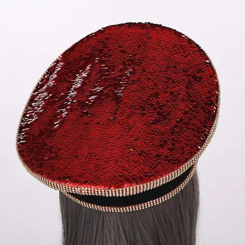 Vista 6 de COSDREAMER Sombrero de lentejuelas para mujer, sombrero de capitán militar con gafas
