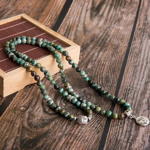 Vista 3 de Bivei Collar de cuentas de Mala, 108 pulseras largas con cuentas de perlas auténticas, cuentas de oración de Mala de loto y Buda, collar
