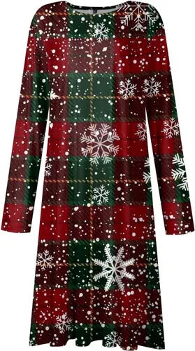 Vista 3 de Vestidos de Navidad para mujer, manga larga, copos de nieve, vestido de fiesta de Navidad, bolsillos irregulares, cuello redondo, vestidos sexys