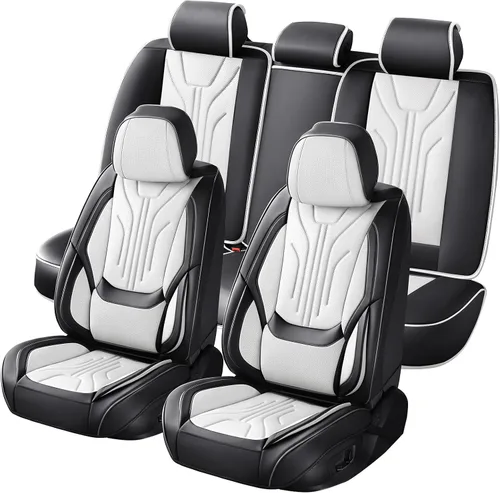 Vista 10 de Juego completo de 5 fundas de asiento de automóvil, fundas de asiento impermeables de cuero para autos, SUV, camiones, transpirables