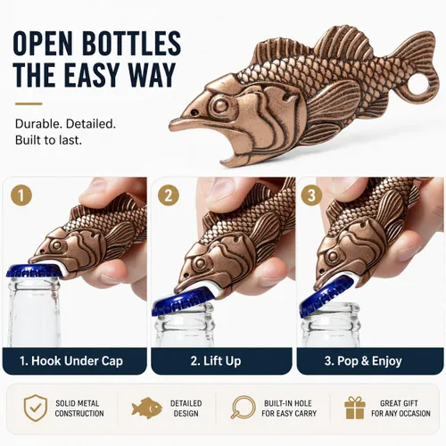 Vista 3 de Abrebotellas de pescado para hombres – Abrebotellas de pesca de cobre antiguo, abridor detallado de cerveza de bajo de boca grande, regalo