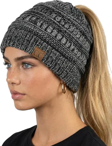 Vista 38 de Funky Junque Gorro de Cola de Caballo para Mujeres - Gorro de Invierno Ponyback Suave Elástico de Punto Trenzado Cola Alta Gorros para Correr