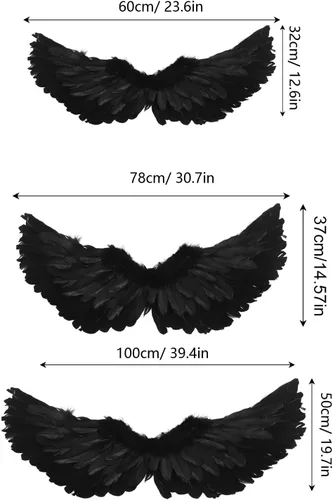 Vista 2 de Alas de ángel negras disfraz de ángel de otoño disfraz de fiesta de Halloween cosplay ala de ángel de plumas para niños adultos y mujeres S