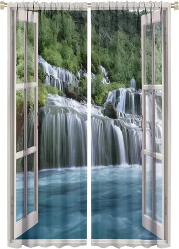 Vista 79 de Cortina opaca de bosque de verano, diseño de ramas de bosque, con bolsillo para barra, cortinas farbic con bolsillo para barra, comedor, cafetería