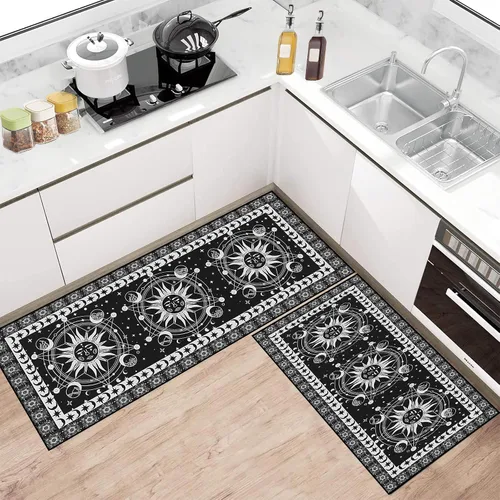 Vista 7 de Juego de 2 alfombras bohemias celestiales de cocina, alfombra de cocina oculta bohemia campestre de media luna, tapetes de piso de cocina lavables