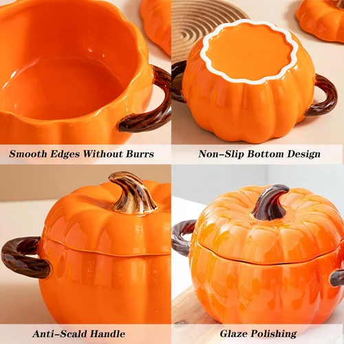 Vista 7 de Olla holandesa con tapa, cacerola de postre de cerámica de calabaza, mini fuente para hornear, lindo cuenco de calabaza, olla holandesa de cerámica