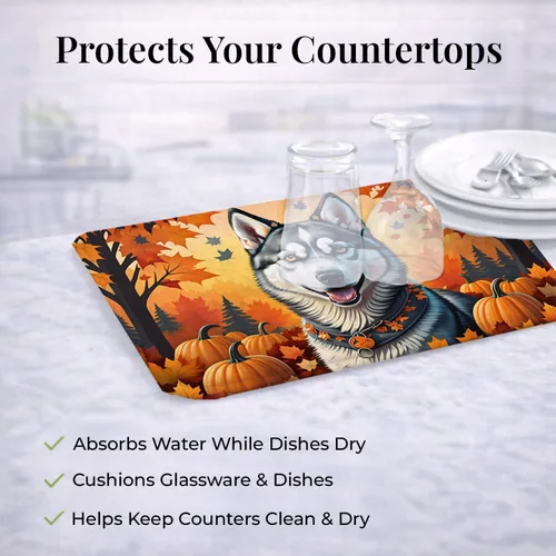 Vista 7 de Caroline's Treasures DAC1074DDM - Tapete de secado de platos de otoño siberiano Husky absorbente, tapete para secar platos para encimera de cocina