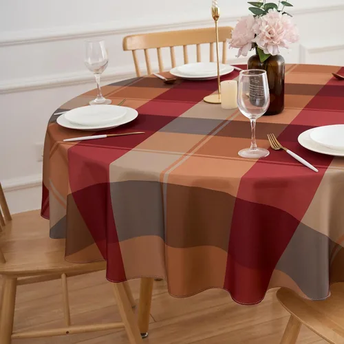 Vista 3 de Mantel Redondo de 60 Pulgadas Rojo Marrón a Cuadros de Cosecha - Mantel de Poliéster de Invierno a Cuadros Gingham de Navidad Cubierta de Mesa