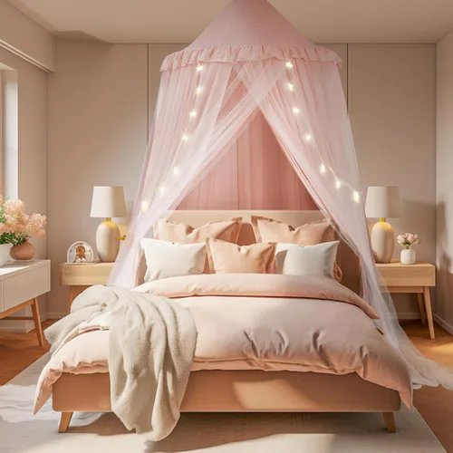 Vista 13 de Dosel de cama con luces de estrella, dosel de doble capa para cama, tienda de campaña de princesa para habitación de niñas, cortina de dosel