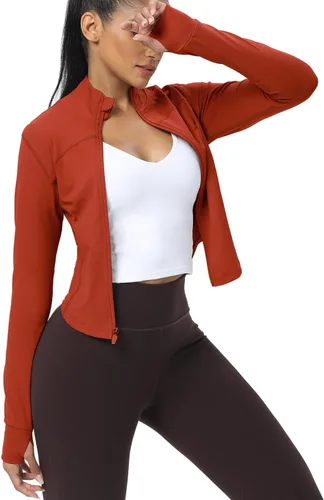 Vista 95 de AVGO Chaquetas de entrenamiento recortadas para mujer, con cremallera, ajustadas, atléticas, con agujeros para el pulgar