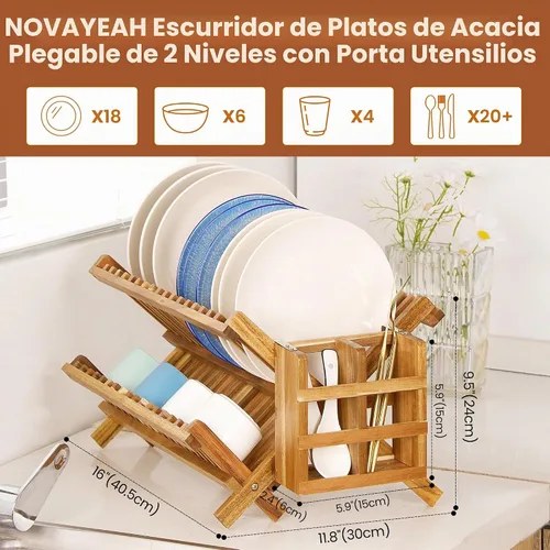 Vista 5 de NOVAYEAH Escurridor de platos de madera de acacia para encimera de cocina, 2 niveles, plegable, escurridor de platos de bambú con soporte para 2
