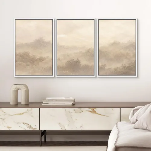 Vista 159 de SIGNWIN Lienzo enmarcado para pared, juego de arte pastel con cadena montañosa, bosque, niebla, naturaleza silvestre, ilustraciones modernas, arte