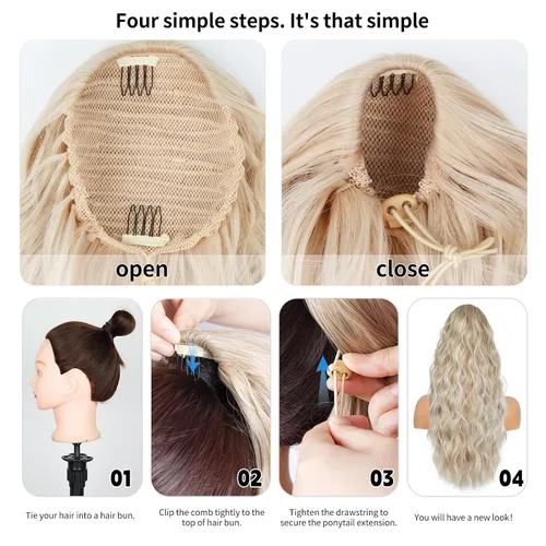 Vista 4 de Extension de cola de caballo con cordón de 26 pulgadas para mujer, extensiones de cola de caballo largas y onduladas, extensiones de cabello