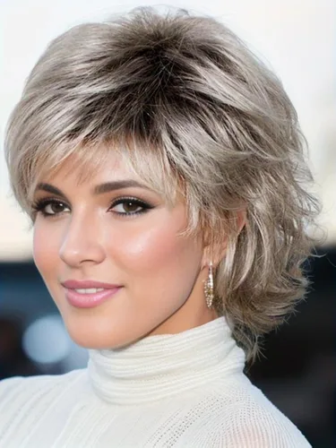 Vista 11 de TISHINING Pelucas Rizadas Cortas de Corte Pixie Ombre Rubias para Mujeres Blancas Peluca Rubia Mixta Esponjosa en Capas con Flequillo de Aspecto