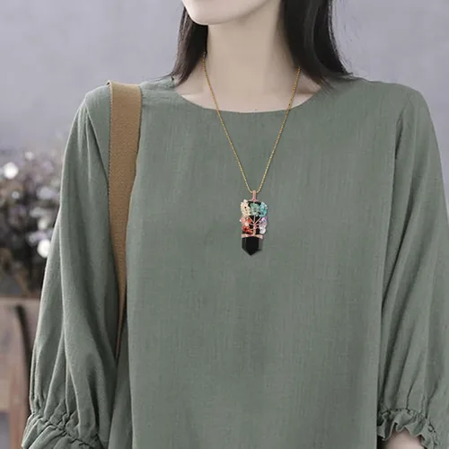 Vista 4 de TUMBEELLUWA Collar con colgante de árbol de 7 chakras unisex, alambre de cobre envuelto en 6 facetas con piedra de cristal con dije de amuleto