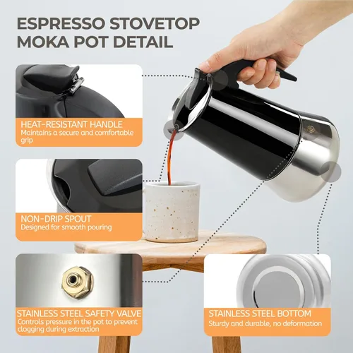 Vista 4 de 2 tazas de 3.4 fl oz Moka Pot de acero inoxidable, cafetera para estufa, cafetera italiana, estilo clásico, Greca Café, máquina de moca