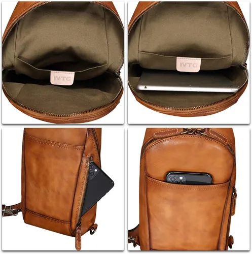Vista 7 de Mochila bandolera de piel auténtica para hombre, mochila de senderismo, vintage, hecha a mano, con hombros en el pecho, mochila de riñonera