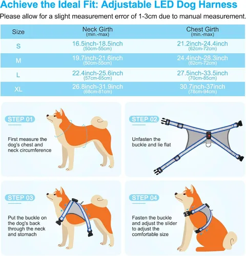 Vista 4 de Visinite Arnés LED para perro, chaleco de perro con luz recargable por USB, 2 modos de iluminación que brillan en la oscuridad, arnés ajustable