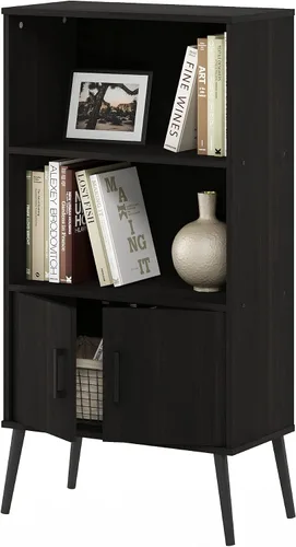 Vista 31 de Furinno Gruen - Estantería pequeña de 2 niveles, estantería con estante abierto y armario de almacenamiento de puertas, 9.3 x 21.8 x 27 pulgadas