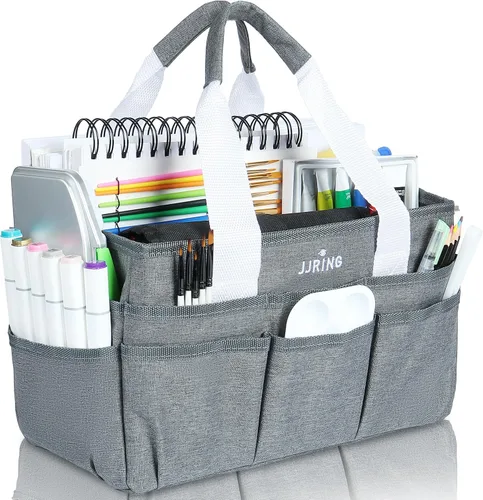 Vista 25 de JJRING Bolsa organizadora de manualidades, organizador de arte con múltiples bolsillos, bolsa de costura beige para arte, manualidades, álbumes