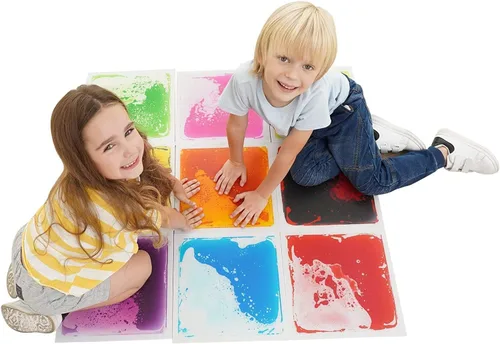 Vista 8 de Special Supplies Azulejos líquidos cuadrados para niños, juego de 9, coloridas alfombrillas sensoriales de aprendizaje temprano para niños pequeños