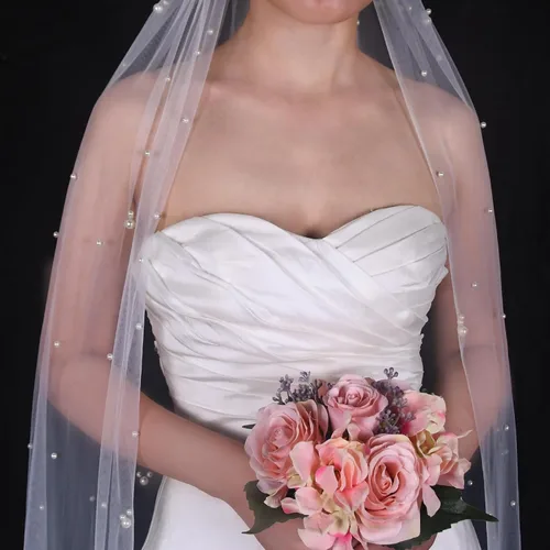 Vista 3 de Mopmap 1 nivel nupcial velo de novia perla capilla longitud tul accesorios para el cabello con peine