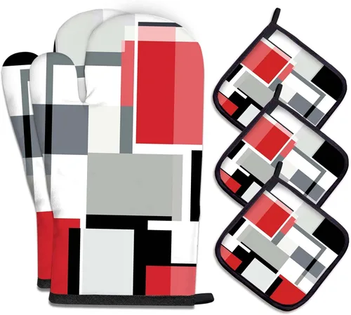 Vista 26 de MCALK Juego de 5 manoplas de horno y soportes para ollas, guantes abstractos para horno y almohadillas calientes para cocina de cocina, manoplas