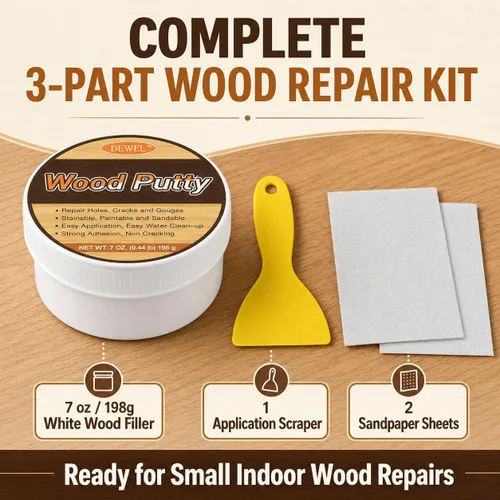 Vista 2 de DEWEL Masilla de relleno de madera, kit de reparación de muebles de madera, relleno de madera blanca manchable y paintab, reparación rápida