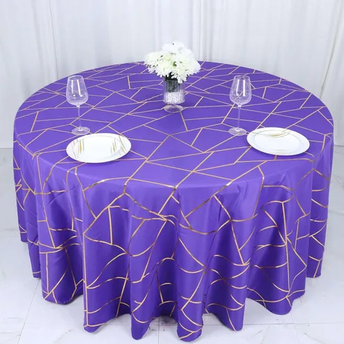 Vista 9 de Efavormart - Mantel redondo de poliéster de 120 pulgadas con patrón geométrico dorado Morado