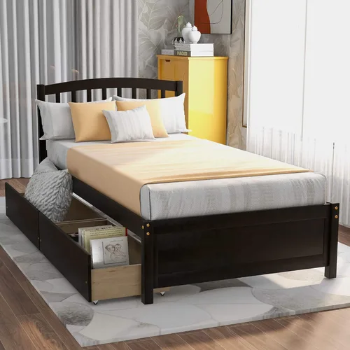 Vista 11 de Base de cama individual de madera maciza para niños con nido y cabecera curvada, base de cama de plataforma de perfil bajo con soporte de listones