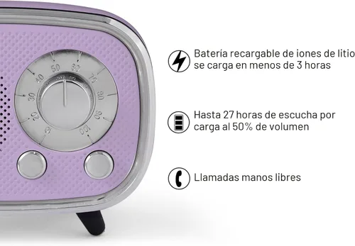 Vista 3 de Crosley CR3039A-LN Rondo Retro Altavoz Portátil Recargable Bluetooth, Lavanda