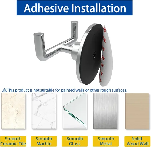 Vista 5 de Ruacq Gancho doble adhesivo para toallas, base redonda cromada, bata de baño, soporte para toallas de mano, acero inoxidable y aleación de zinc
