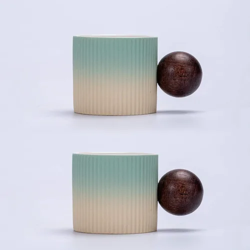 Vista 7 de Mini tazas de cerámica para café expreso, tazas Demitasse con mango redondo de madera a rayas verticales tazas de té (beige y azul, 2 unidades)