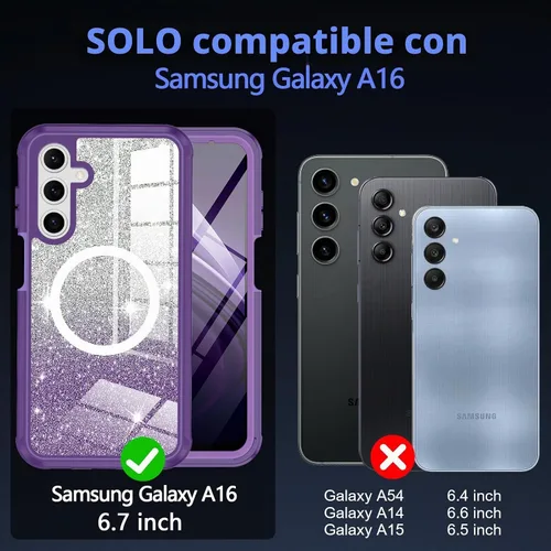 Vista 2 de Funda para Galaxy A16 5G, compatible con MagSafe, funda magnética con purpurina integrada con protector de pantalla de vidrio templado 9H, funda