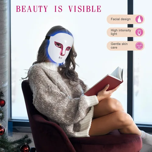 Vista 5 de Máscara facial LED para terapia de luz, máscara facial LED para el cuidado de la piel, luz roja y azul para reducir el acné de arrugas faciales