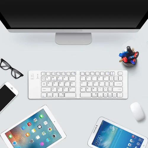 Vista 8 de Diyeeni Teclado compacto plegable, teclado Bluetooth ergonómico portátil, teclados inalámbricos de viaje de tamaño bolsillo para iOS, Android