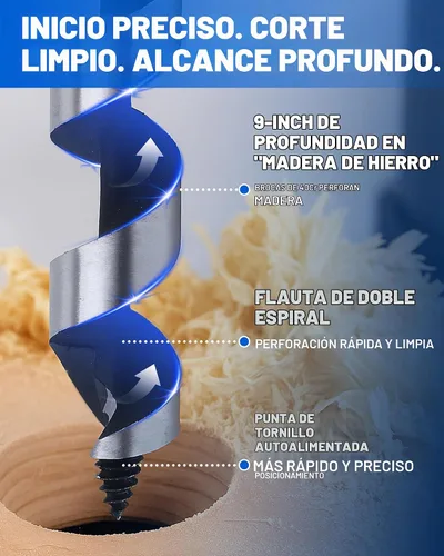 Vista 4 de Juego de brocas de taladro de 12 pulgadas para madera, 6 brocas largas de 1/4 a 7/8 pulgadas, brocas de punta de tornillo de alimentación automática