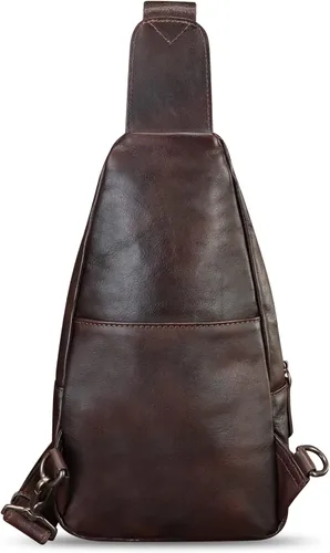 Vista 7 de Bolso de cuero genuino para mujeres y hombres, mochila bandolera de cuero real para el hombro, bolso cruzado en el pecho, Café