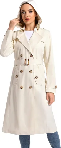 Vista 2 de poonyfesh Gabardina larga impermeable resistente al viento para mujer clásica con solapa de doble botonadura con capucha extraíble