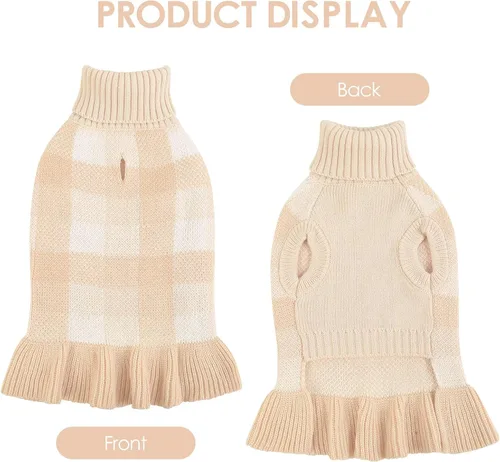 Vista 2 de Vestido de suéter para perro, ropa de Navidad a cuadros para perros Beige