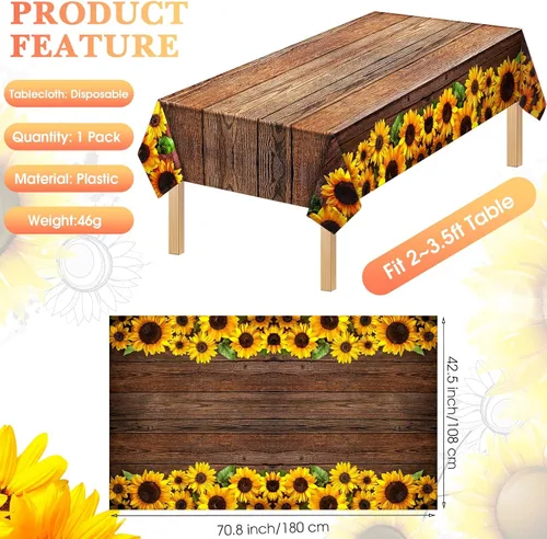 Vista 2 de Tegeme Mantel desechable de plástico de madera con girasol, 42.5 x 70.8 pulgadas, 1 unidad