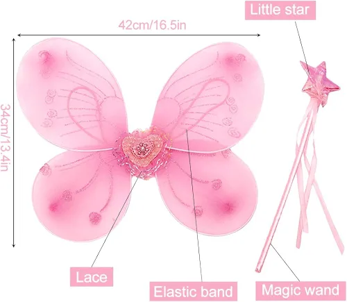 Vista 5 de EQLEF Disfraz de hada juego de alas de mariposa disfraz de princesa para niñas color rosa