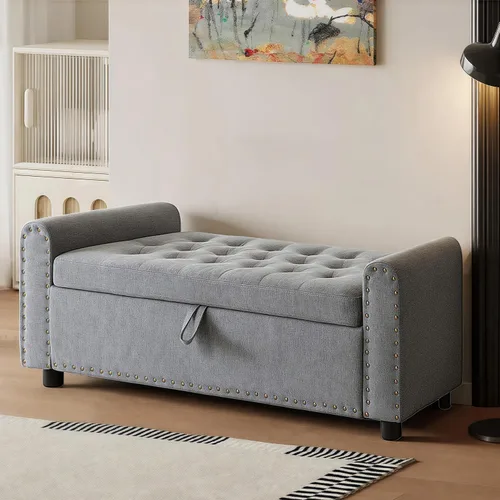 Vista 10 de 48" Ottoman with Storage, Tufted Storage Ottoman Bench, Convenient Living Room Fabrics Bench Seat, Entryway Shoe Benches with Inner Zipper & Arm