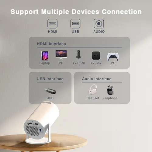 Vista 6 de [Aplicaciones integradas] PANSEBA Mini proyector inteligente ajustable de 270° con WiFi 6 y Bluetooth, proyector de película para exteriores