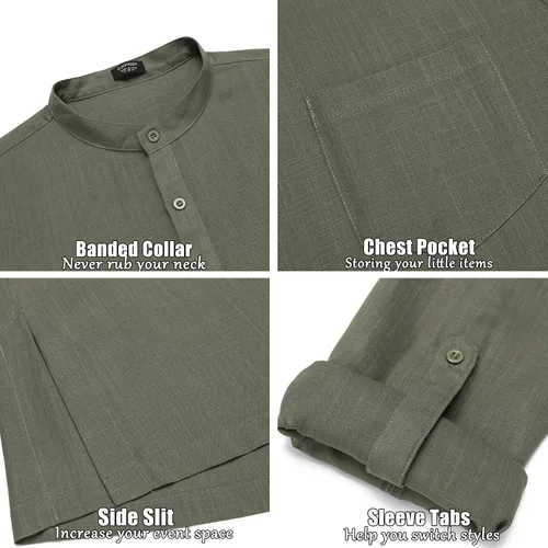Vista 6 de COOFANDY Camisas Henley de lino para hombre, manga larga, ajuste regular, camisetas de playa Kurta con bolsillo