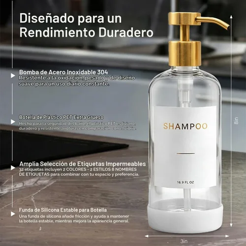 Vista 4 de Prus Waso Botellas recargables de champú y acondicionador, transparentes y Transparente y dorado