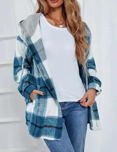 Vista 4 de Wanzetaly Chaqueta con capucha para mujer, bloque de color, casual, de franela, a cuadros, mezcla de lana, camisa con botones y bolsillos