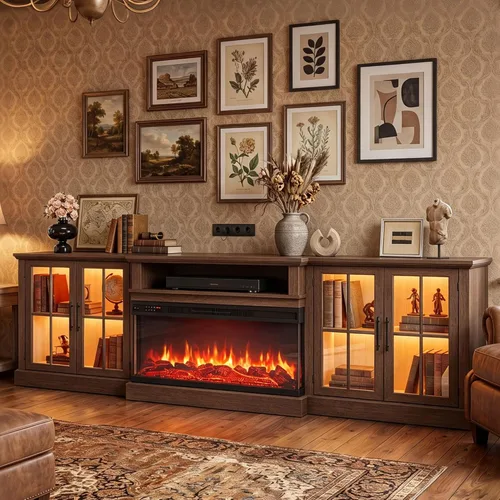 Vista 12 de Mueble de TV de estilo granja de 98" con chimenea de 36" para televisores de hasta 100", centro de entretenimiento multimedia con estantes 2-Blanco
