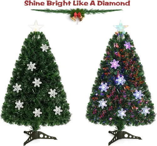 Vista 5 de Goplus Árbol de Navidad artificial de fibra óptica preiluminado de 3 pies, con luces LED multicolor y copos de nieve (3 pies)