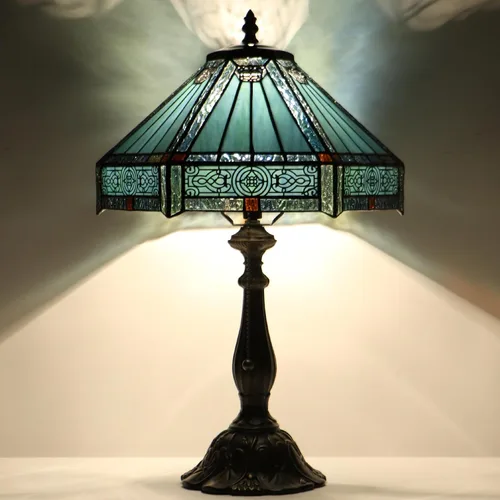 Vista 9 de Tiffany Lamp Stained Glass Table Lamp Bedside Reading Light W12H19 Inches (Sea Blue Dragonfly Style)